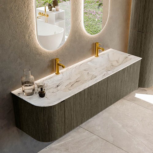 KURVE-DLUX 155cm meubles de salle de bains courbe Gauche couleur Shadow avec 2 tiroirs et 1 porte. Lavabo LEAF Double / Droite 2 trous robinetterie, couleur Glace.