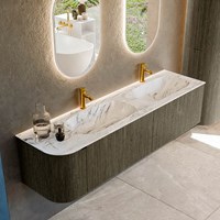 KURVE-DLUX 175cm bathroom vanity set curve Left color Shadow with 2 drawers and 1 door. Vanity top STOR SMALL Double / Right 2 tab holes, color Glace.