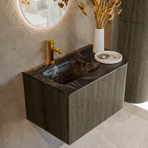 KURVE-DLUX 75cm meubles de salle de bains courbe Droite couleur Shadow avec 1 tiroir et 1 porte. Lavabo GRUNNE Gauche 1 trou pour robinetter, couleur Lava.