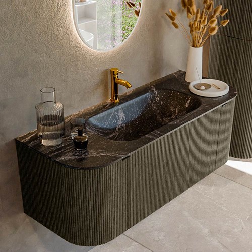 KURVE-DLUX 120cm mobili da bagno curva Sinistra + Destra colore Shadow con 1 cassetto e 2 porte. Lavabo BIG SMALL Centro 1 foro per rubinetto, colore Lava.