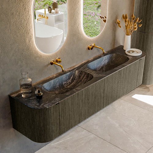 KURVE-DLUX 190cm meubles de salle de bains courbe Gauche + Droite couleur Shadow avec 2 tiroirs et 2 portes. Lavabo STOR SMALL Double sans trou pour robinet, couleur Lava.