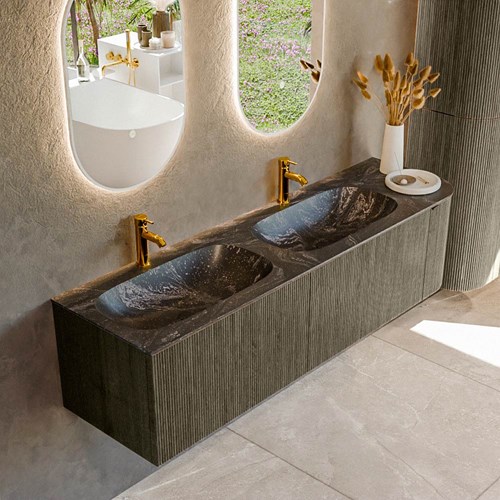 KURVE-DLUX 165cm meubles de salle de bains courbe Droite couleur Shadow avec 2 tiroirs et 1 porte. Lavabo STOR SMALL Double / Gauche 2 trous robinetterie, couleur Lava.