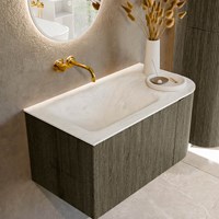 KURVE-DLUX 85cm meubles de salle de bains courbe Droite couleur Shadow avec 1 tiroir et 1 porte. Lavabo CLOUD Gauche sans trou pour robinet, couleur Opalo.