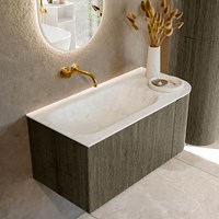 KURVE-DLUX 95cm meubles de salle de bains courbe Droite couleur Shadow avec 1 tiroir et 1 porte. Lavabo BIG SMALL Gauche sans trou pour robinet, couleur Opalo.