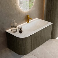 KURVE-DLUX 95cm meubles de salle de bains courbe Gauche couleur Shadow avec 1 tiroir et 1 porte. Lavabo BIG SMALL Droite 1 trou pour robinetter, couleur Opalo.