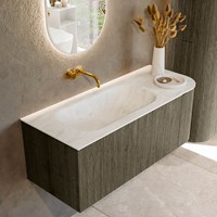 KURVE-DLUX 115cm meubles de salle de bains courbe Droite couleur Shadow avec 1 tiroir et 1 porte. Lavabo BIG SMALL Gauche sans trou pour robinet, couleur Opalo.