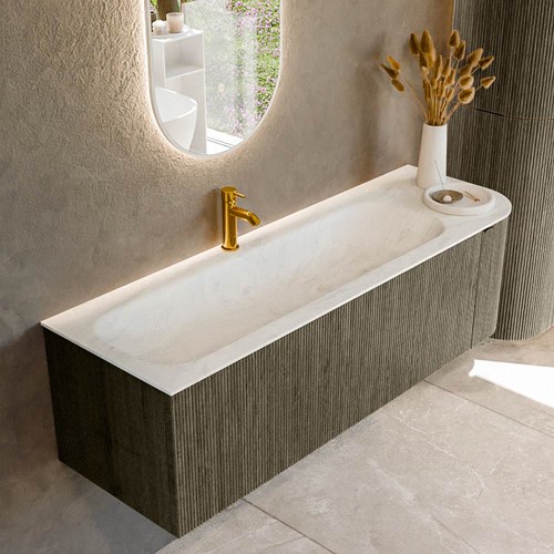 KURVE-DLUX 145cm meubles de salle de bains courbe Droite couleur Shadow avec 1 tiroir et 1 porte. Lavabo BIG LARGE Gauche 1 trou pour robinetter, couleur Opalo.