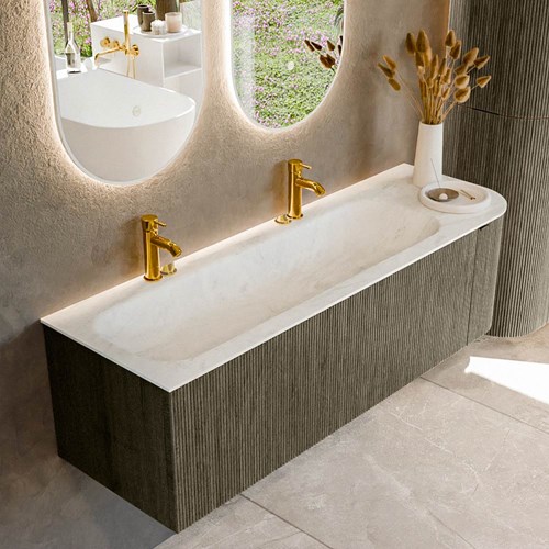 KURVE-DLUX 145cm meubles de salle de bains courbe Droite couleur Shadow avec 1 tiroir et 1 porte. Lavabo BIG LARGE Gauche 2 trous robinetterie, couleur Opalo.