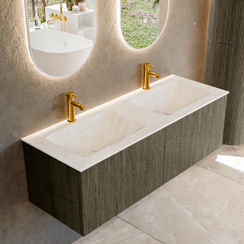 KURVE-DLUX 130cm badmeubel kleur Shadow met 2 lades en 0 deuren. Wastafel LEAF Dubbel 2 kraangaten Opalo.