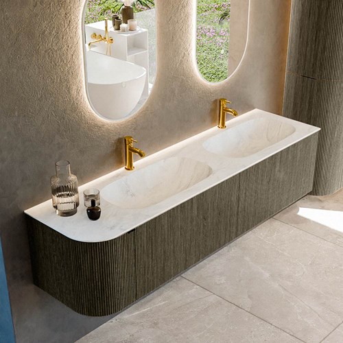 KURVE-DLUX 175cm mueble de baño curva Izquierda color Shadow con 2 cajones y 1 puerta. Lavabo STOR SMALL Doble / Derecho 2 orificios Opalo.