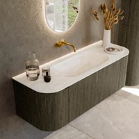 KURVE-DLUX 130cm mobili da bagno curva Sinistra + Destra colore Shadow con 1 cassetto e 2 porte. Lavabo BIG SMALL Centro senza foro per il rubinetto, colore Ostra.