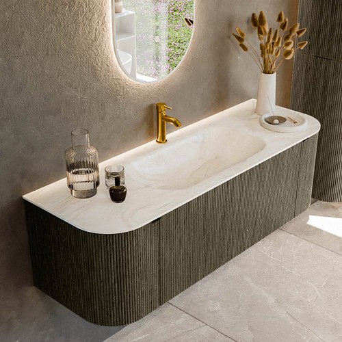 KURVE-DLUX 140cm meubles de salle de bains courbe Gauche + Droite couleur Shadow avec 1 tiroir et 2 portes. Lavabo BIG SMALL Centrée 1 trou pour robinetter, couleur Ostra.