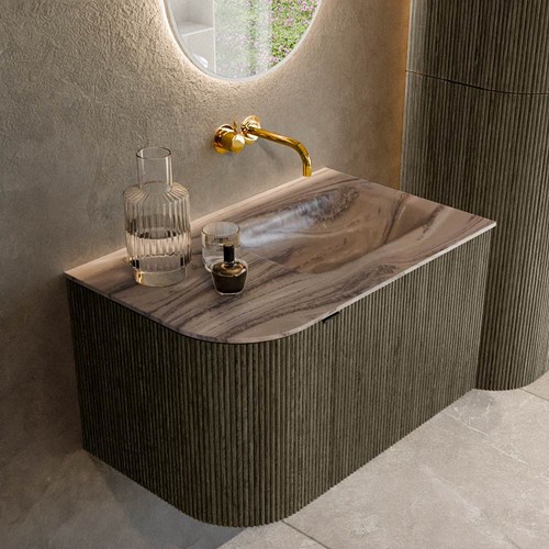 KURVE-DLUX 75cm mueble de baño curva Izquierda color Shadow con 1 cajón y 1 puerta. Lavabo GRUNNE Derecho sin orificio Sombra.