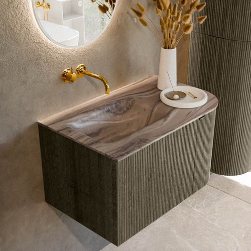 KURVE-DLUX 75cm mueble de baño curva Derecha color Shadow con 1 cajón y 1 puerta. Lavabo GRUNNE Izquierda sin orificio Sombra.