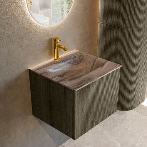 KURVE-DLUX 50cm mueble de baño color Shadow con 1 cajón y sin puerta. Lavabo GRUNNE Centro 1 orificio Sombra.