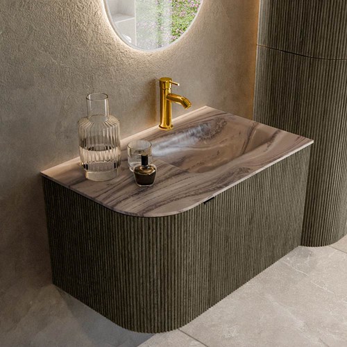 KURVE-DLUX 75cm mueble de baño curva Izquierda color Shadow con 1 cajón y 1 puerta. Lavabo GRUNNE Derecho 1 orificio Sombra.