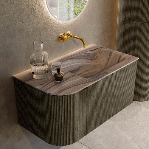 KURVE-DLUX 85cm mueble de baño curva Izquierda color Shadow con 1 cajón y 1 puerta. Lavabo CLOUD Derecho sin orificio Sombra.