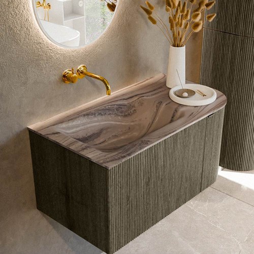 KURVE-DLUX 85cm mueble de baño curva Derecha color Shadow con 1 cajón y 1 puerta. Lavabo CLOUD Izquierda sin orificio Sombra.