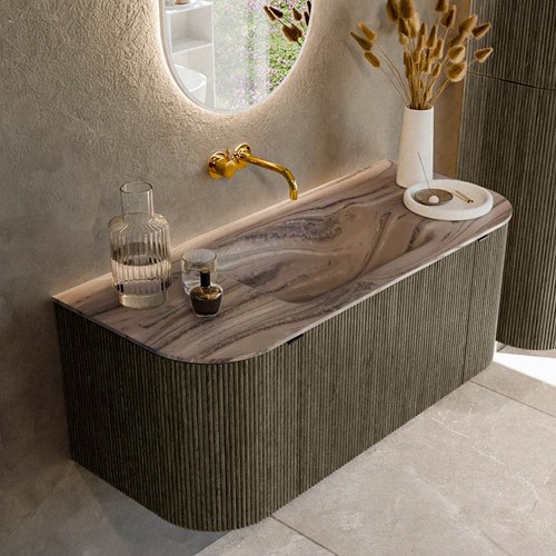 KURVE-DLUX 110cm mueble de baño curva Izquierda + Derecha color Shadow con 1 cajón y 2 puertas. Lavabo CLOUD Centro sin orificio Sombra.