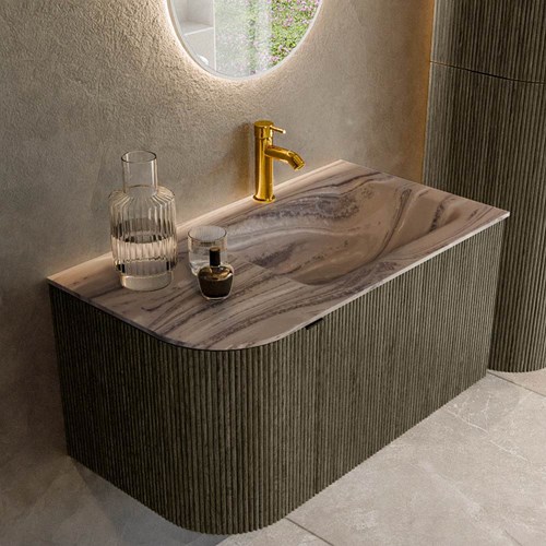 KURVE-DLUX 85cm mueble de baño curva Izquierda color Shadow con 1 cajón y 1 puerta. Lavabo CLOUD Derecho 1 orificio Sombra.