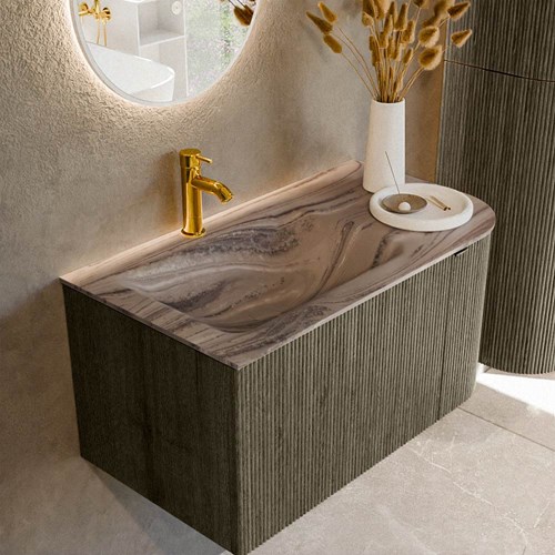 KURVE-DLUX 85cm mueble de baño curva Derecha color Shadow con 1 cajón y 1 puerta. Lavabo CLOUD Izquierda 1 orificio Sombra.