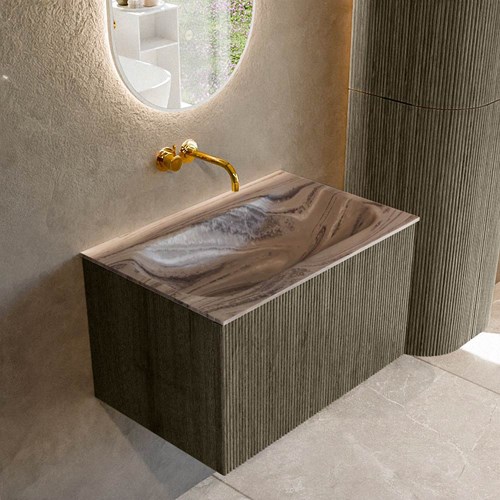 KURVE-DLUX 70cm mueble de baño color Shadow con 1 cajón y sin puerta. Lavabo BIG SMALL Centro sin orificio Sombra.