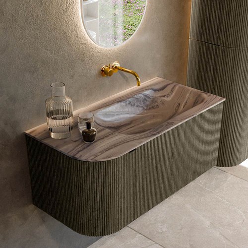 KURVE-DLUX 95cm mueble de baño curva Izquierda color Shadow con 1 cajón y 1 puerta. Lavabo BIG SMALL Derecho sin orificio Sombra.