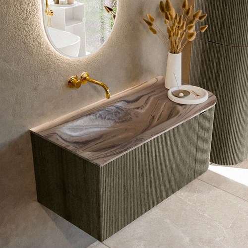 KURVE-DLUX 95cm mueble de baño curva Derecha color Shadow con 1 cajón y 1 puerta. Lavabo BIG SMALL Izquierda sin orificio Sombra.