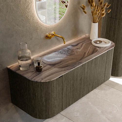 KURVE-DLUX 120cm mueble de baño curva Izquierda + Derecha color Shadow con 1 cajón y 2 puertas. Lavabo BIG SMALL Centro sin orificio Sombra.