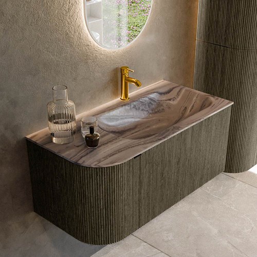KURVE-DLUX 95cm mueble de baño curva Izquierda color Shadow con 1 cajón y 1 puerta. Lavabo BIG SMALL Derecho 1 orificio Sombra.