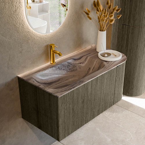 KURVE-DLUX 95cm mueble de baño curva Derecha color Shadow con 1 cajón y 1 puerta. Lavabo BIG SMALL Izquierda 1 orificio Sombra.