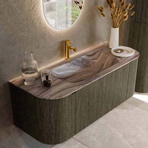 KURVE-DLUX 120cm mueble de baño curva Izquierda + Derecha color Shadow con 1 cajón y 2 puertas. Lavabo BIG SMALL Centro 1 orificio Sombra.
