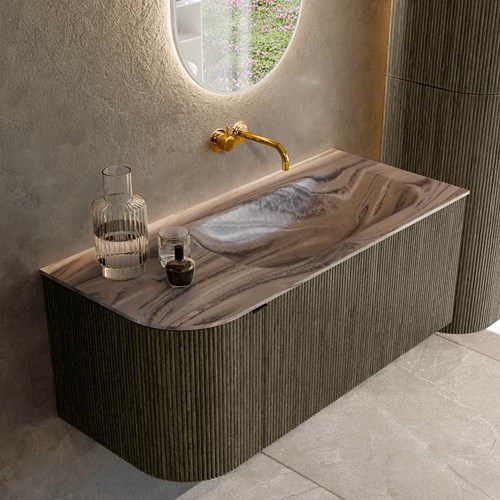 KURVE-DLUX 105cm mueble de baño curva Izquierda color Shadow con 1 cajón y 1 puerta. Lavabo BIG SMALL Derecho sin orificio Sombra.