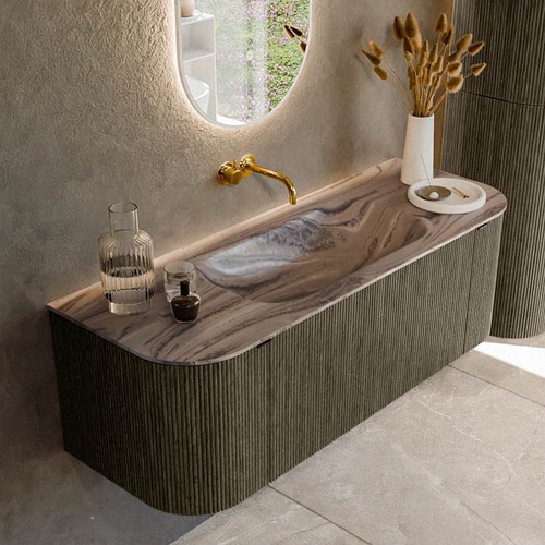 KURVE-DLUX 130cm mueble de baño curva Izquierda + Derecha color Shadow con 1 cajón y 2 puertas. Lavabo BIG SMALL Centro sin orificio Sombra.