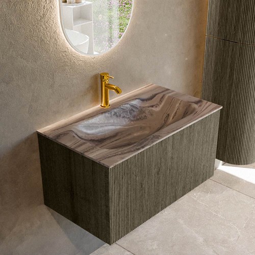 KURVE-DLUX 80cm mueble de baño color Shadow con 1 cajón y sin puerta. Lavabo BIG SMALL Centro 1 orificio Sombra.