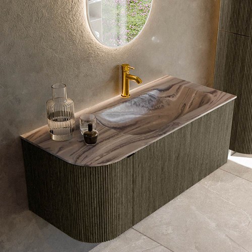 KURVE-DLUX 105cm mueble de baño curva Izquierda color Shadow con 1 cajón y 1 puerta. Lavabo BIG SMALL Derecho 1 orificio Sombra.