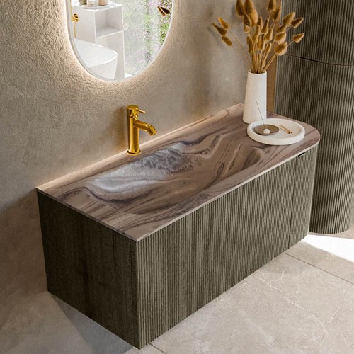 KURVE-DLUX 105cm mueble de baño curva Derecha color Shadow con 1 cajón y 1 puerta. Lavabo BIG SMALL Izquierda 1 orificio Sombra.