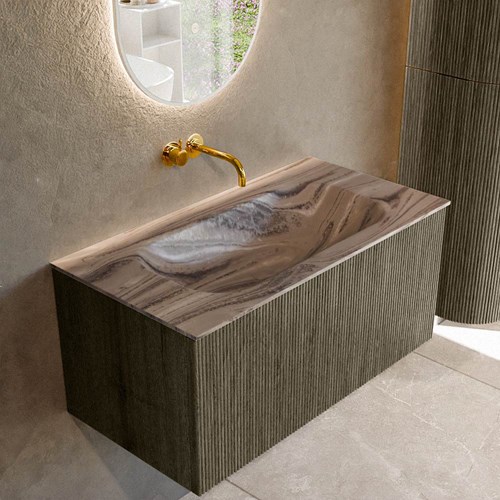KURVE-DLUX 90cm mueble de baño color Shadow con 1 cajón y sin puerta. Lavabo BIG SMALL Centro sin orificio Sombra.