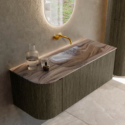 KURVE-DLUX 115cm mueble de baño curva Izquierda color Shadow con 1 cajón y 1 puerta. Lavabo BIG SMALL Derecho sin orificio Sombra.