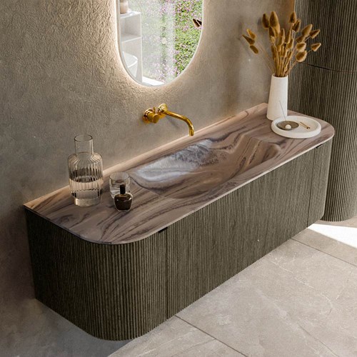 KURVE-DLUX 140cm mueble de baño curva Izquierda + Derecha color Shadow con 1 cajón y 2 puertas. Lavabo BIG SMALL Centro sin orificio Sombra.