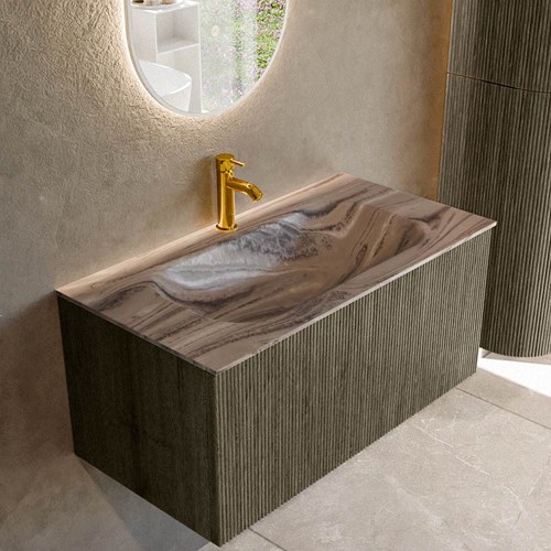 KURVE-DLUX 90cm mueble de baño color Shadow con 1 cajón y sin puerta. Lavabo BIG SMALL Centro 1 orificio Sombra.