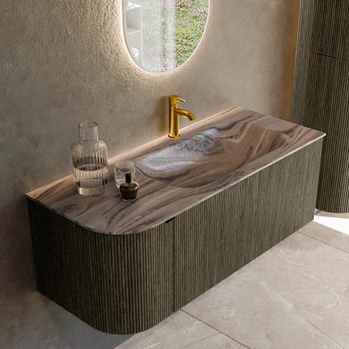 KURVE-DLUX 115cm mueble de baño curva Izquierda color Shadow con 1 cajón y 1 puerta. Lavabo BIG SMALL Derecho 1 orificio Sombra.