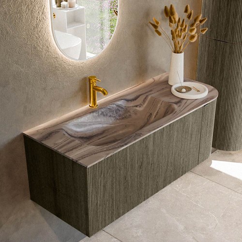 KURVE-DLUX 115cm mueble de baño curva Derecha color Shadow con 1 cajón y 1 puerta. Lavabo BIG SMALL Izquierda 1 orificio Sombra.
