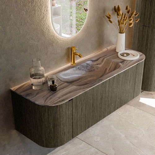 KURVE-DLUX 140cm mueble de baño curva Izquierda + Derecha color Shadow con 1 cajón y 2 puertas. Lavabo BIG SMALL Centro 1 orificio Sombra.