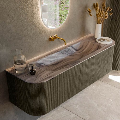 KURVE-DLUX 150cm mueble de baño curva Izquierda + Derecha color Shadow con 1 cajón y 2 puertas. Lavabo BIG MEDIUM Centro sin orificio Sombra.