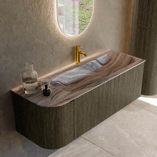 KURVE-DLUX 125cm mueble de baño curva Izquierda color Shadow con 1 cajón y 1 puerta. Lavabo BIG MEDIUM Derecho 1 orificio Sombra.