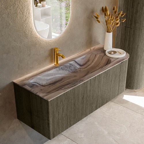 KURVE-DLUX 125cm mueble de baño curva Derecha color Shadow con 1 cajón y 1 puerta. Lavabo BIG MEDIUM Izquierda 1 orificio Sombra.
