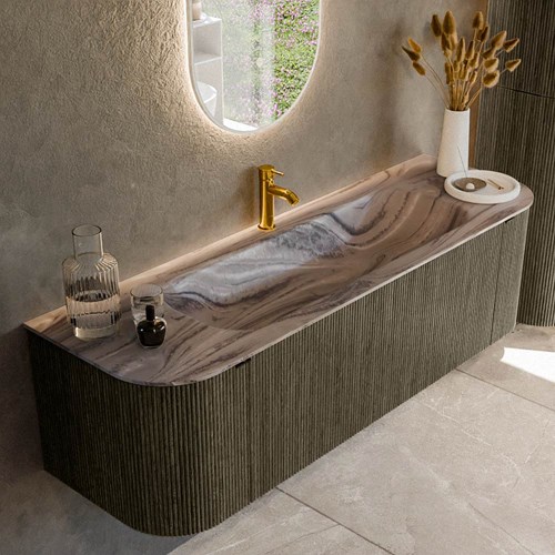 KURVE-DLUX 150cm mueble de baño curva Izquierda + Derecha color Shadow con 1 cajón y 2 puertas. Lavabo BIG MEDIUM Centro 1 orificio Sombra.