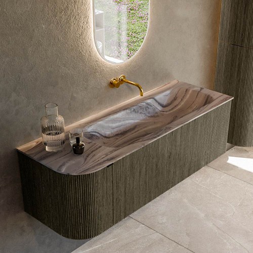KURVE-DLUX 135cm mueble de baño curva Izquierda color Shadow con 1 cajón y 1 puerta. Lavabo BIG MEDIUM Derecho sin orificio Sombra.