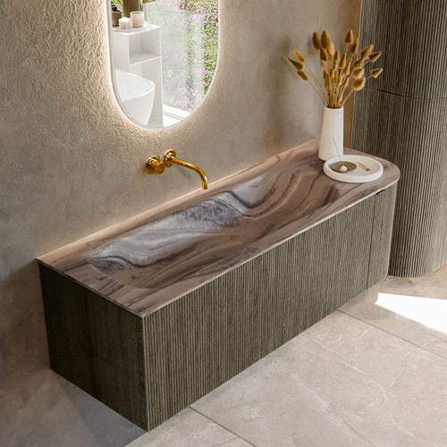 KURVE-DLUX 135cm mueble de baño curva Derecha color Shadow con 1 cajón y 1 puerta. Lavabo BIG MEDIUM Izquierda sin orificio Sombra.